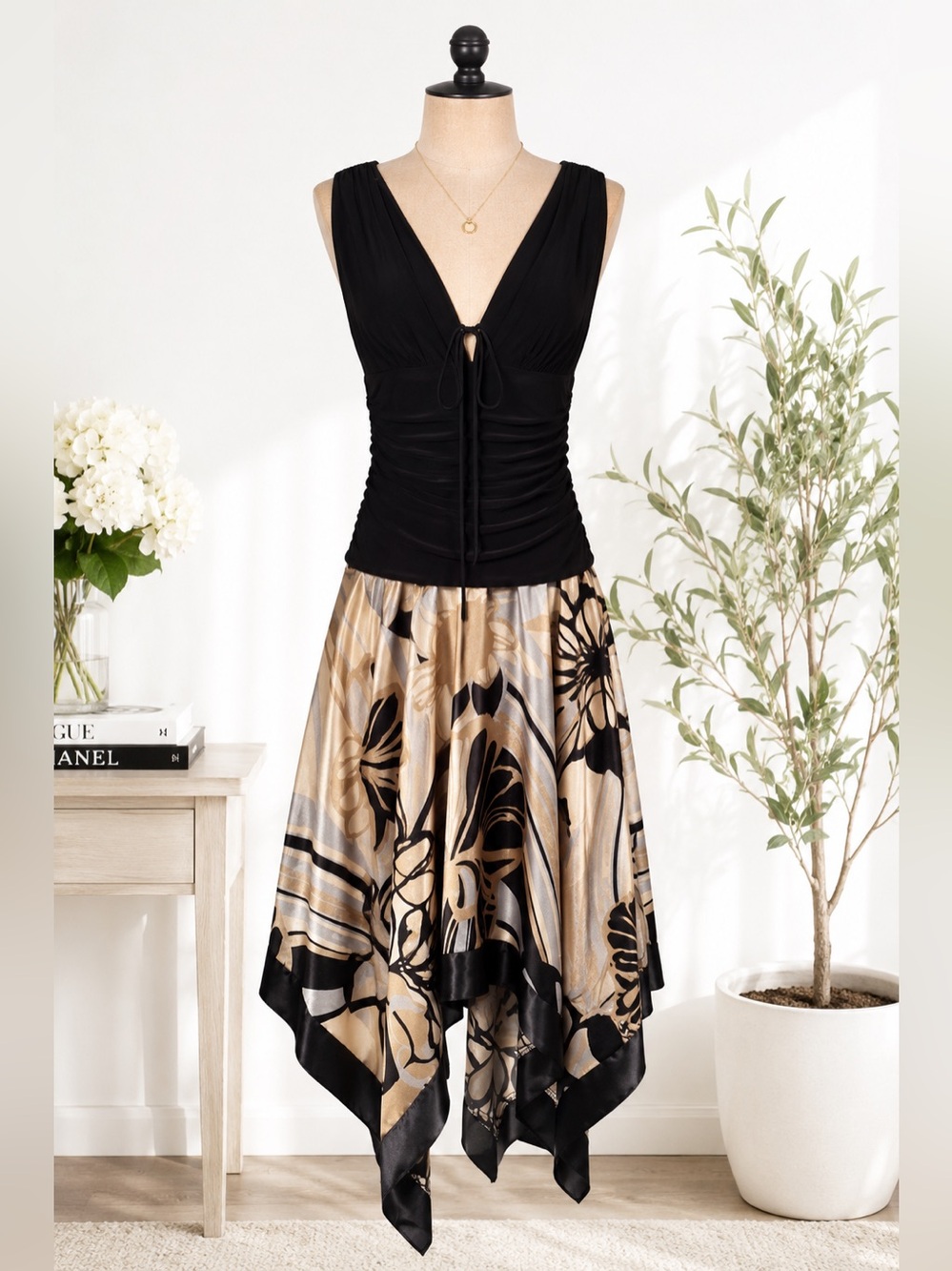 Intrigue Black Floral Handkerchief Hem Dress Size L